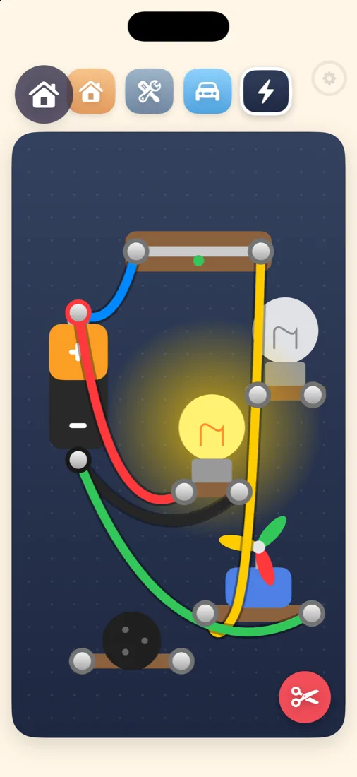 Electrician board with wires and a glowing bulb